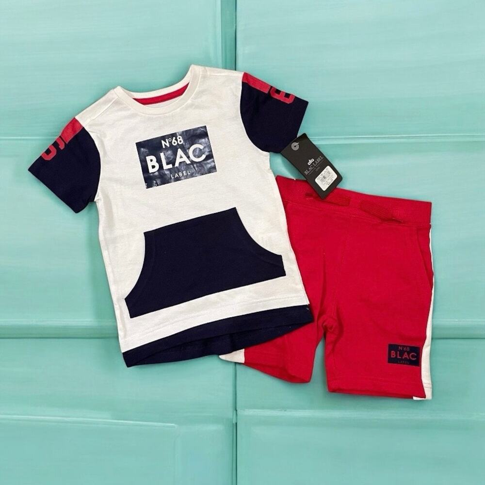 BLAC LABEL Graphic T-Shirt & Shorts Set Red White Navy Blue NWT Boys 4T